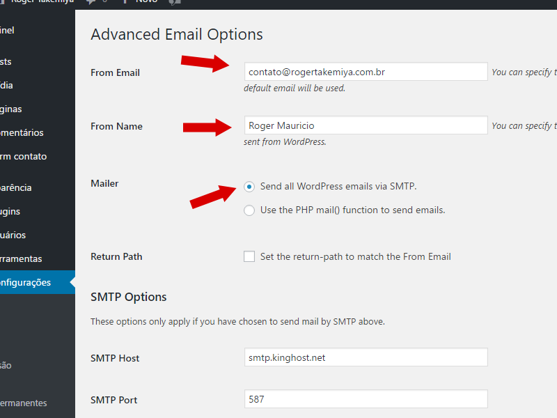 SMTP autenticado no WordPress configurações